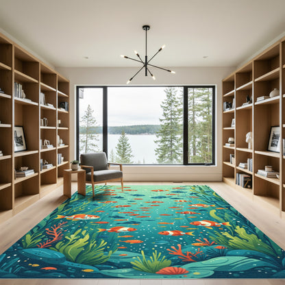 Orange White Fish School Coral Garden Rug