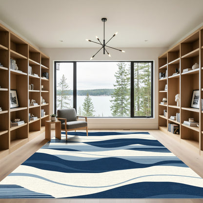 Deep Blue Abstract Wave Landscape Rug