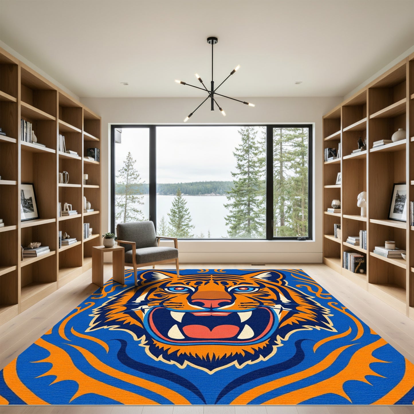 Bold Orange Tiger Blue Swirl Rug