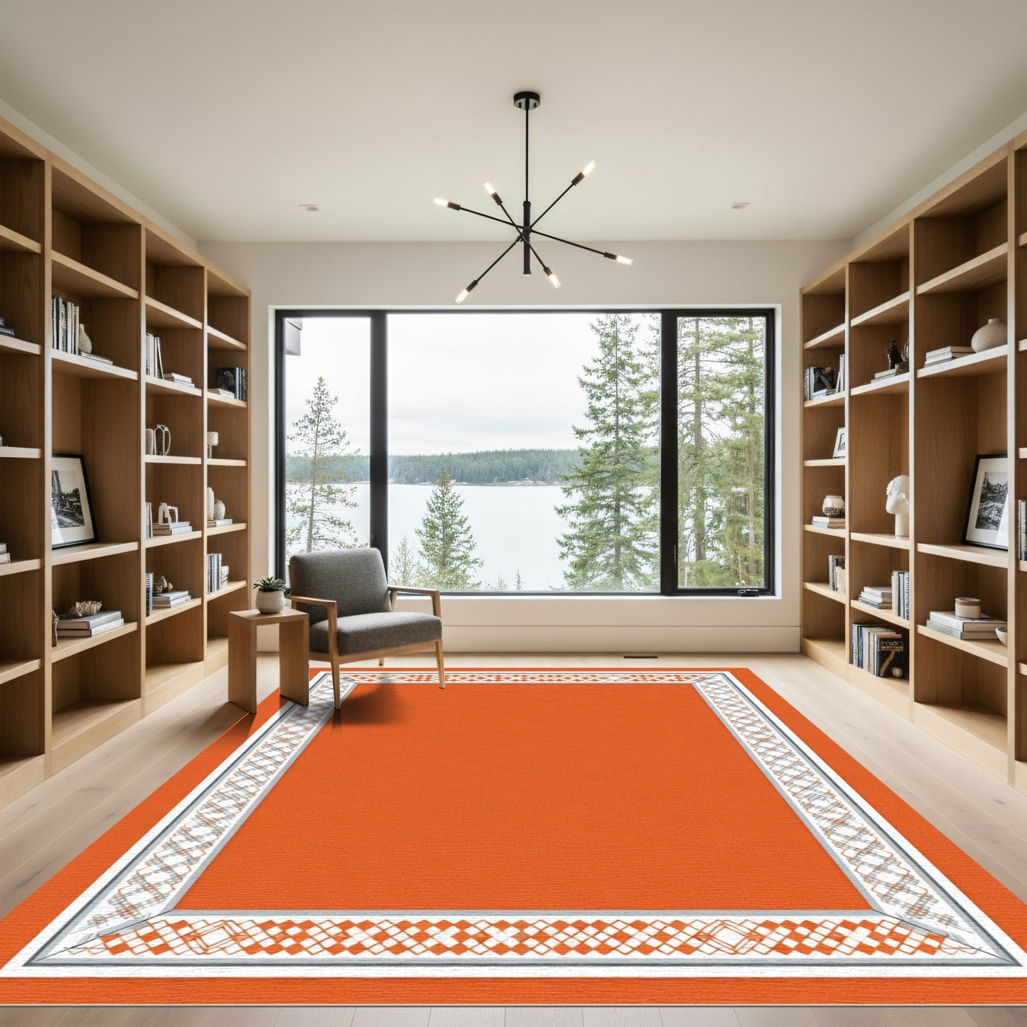 Orange Geometric Diamond Lattice Border Rug