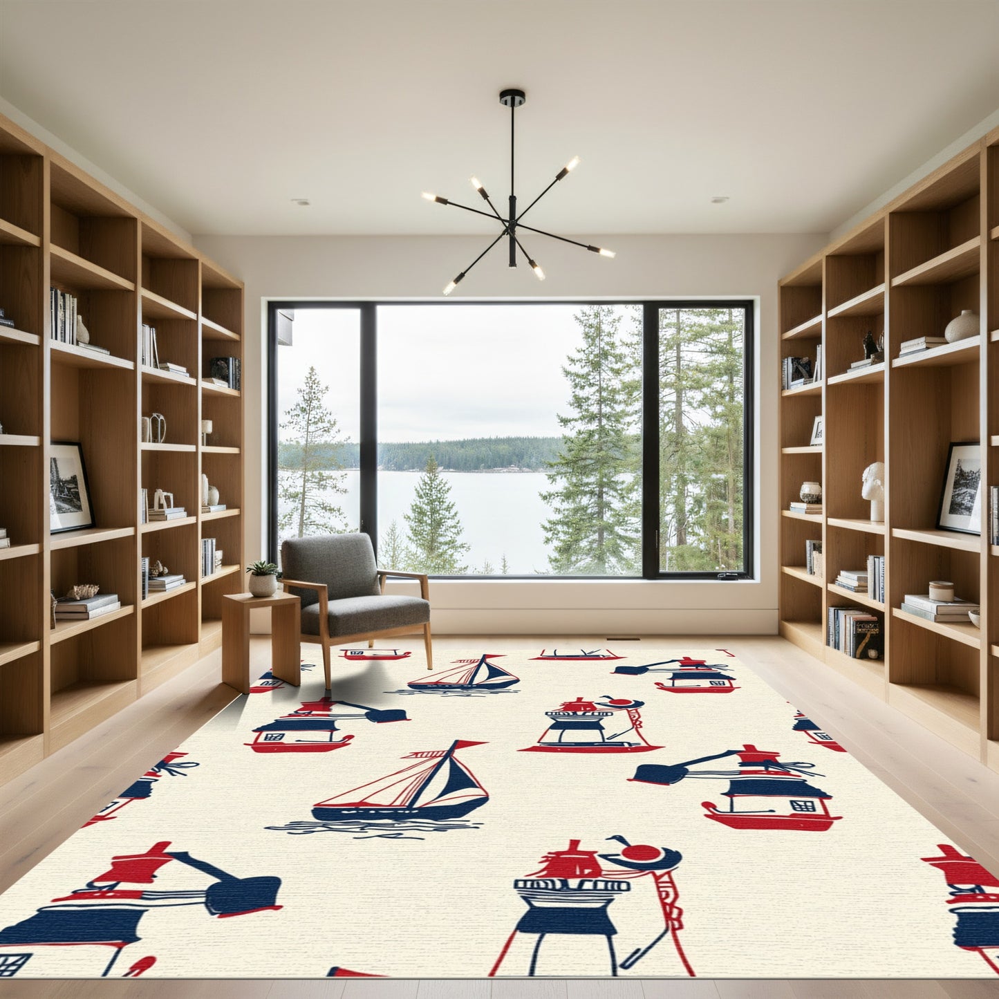 Nautical Red Blue Sailboat Lighthouse Scene Rug