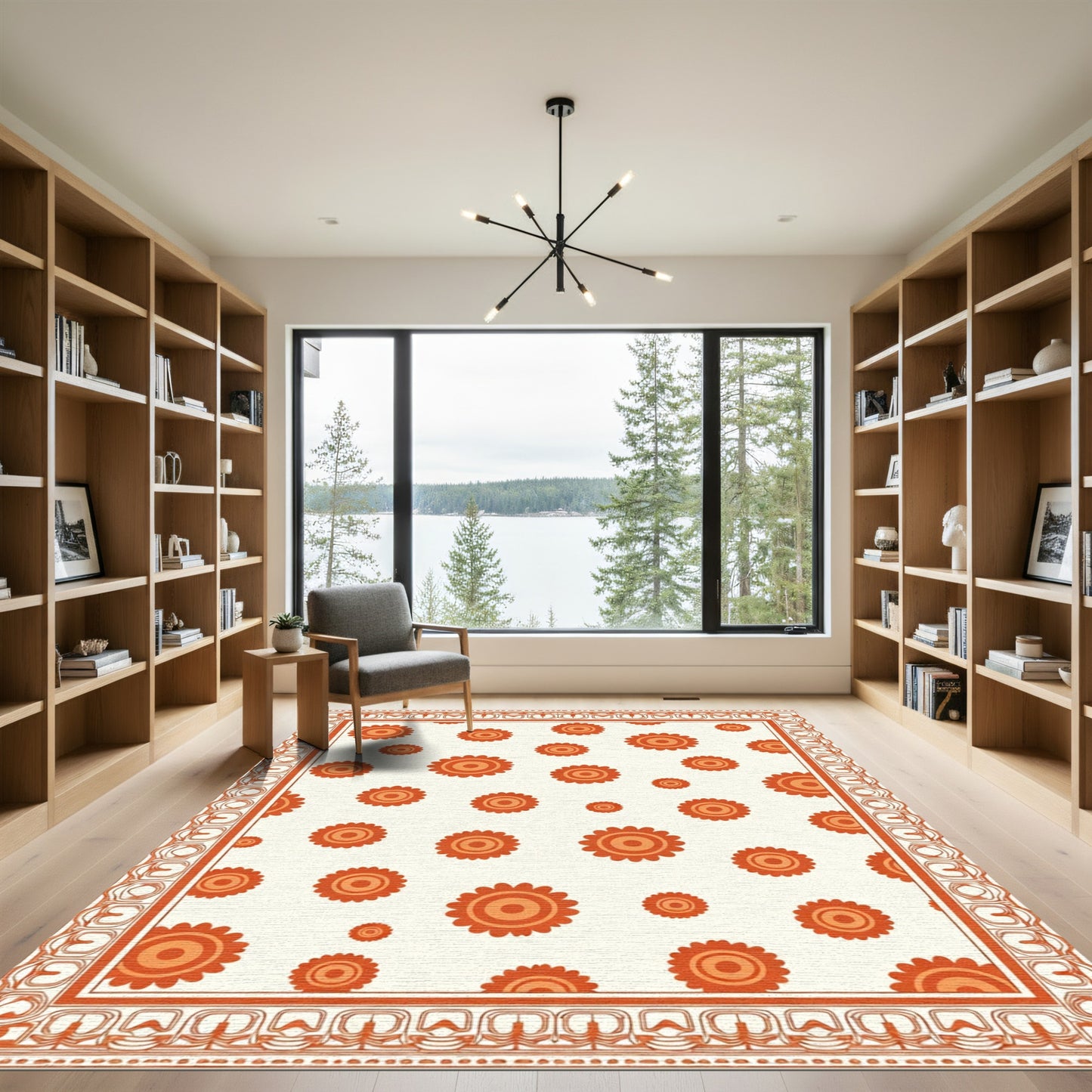 Orange Floral Medallion Bordered Rug