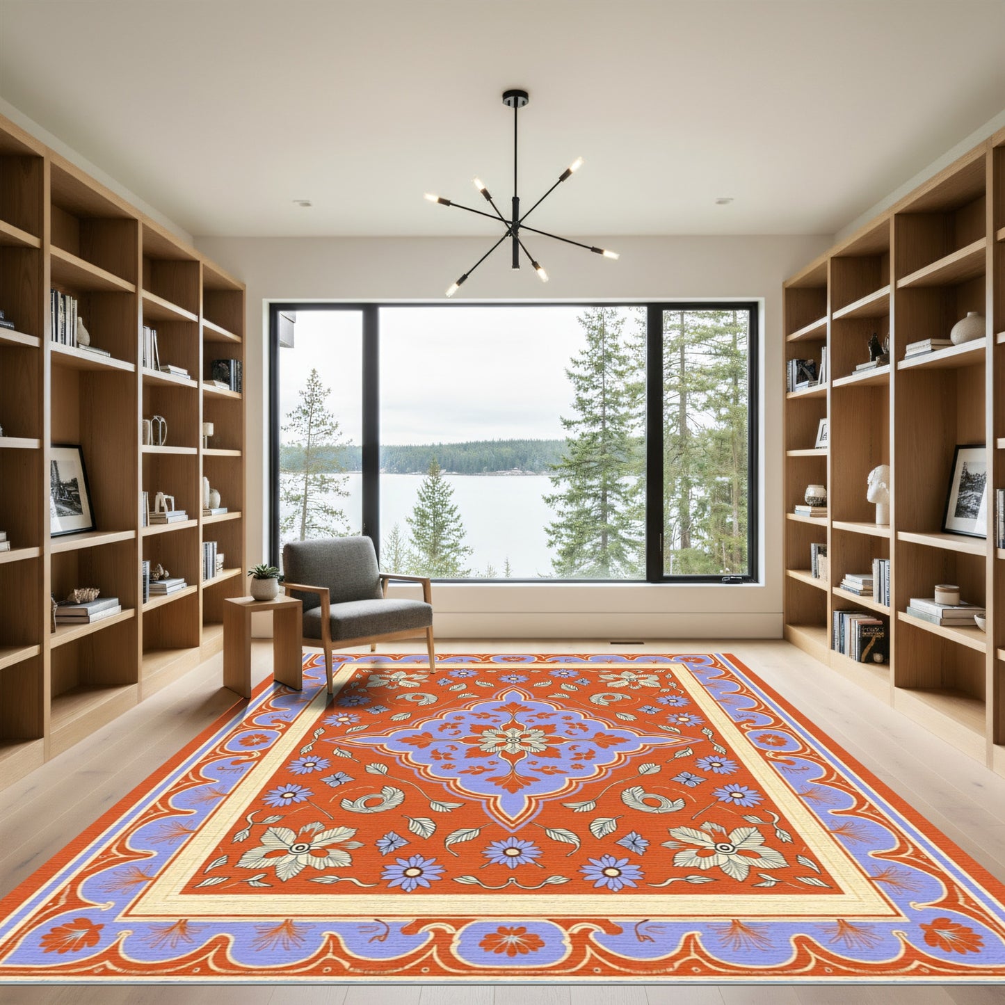 Ornate Crimson Floral Medallion Border Rug