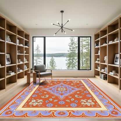 Ornate Crimson Floral Medallion Border Rug
