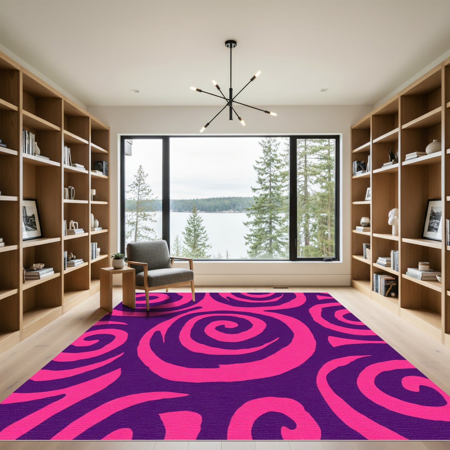 Vibrant Pink Swirls On Purple Field Rug