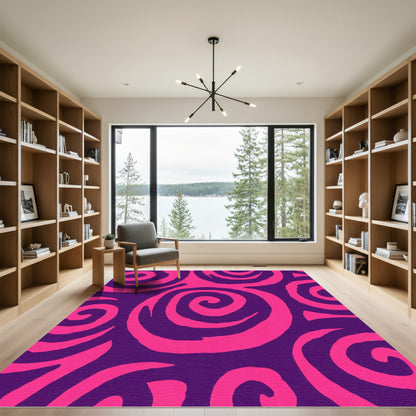 Vibrant Pink Swirls On Purple Field Rug