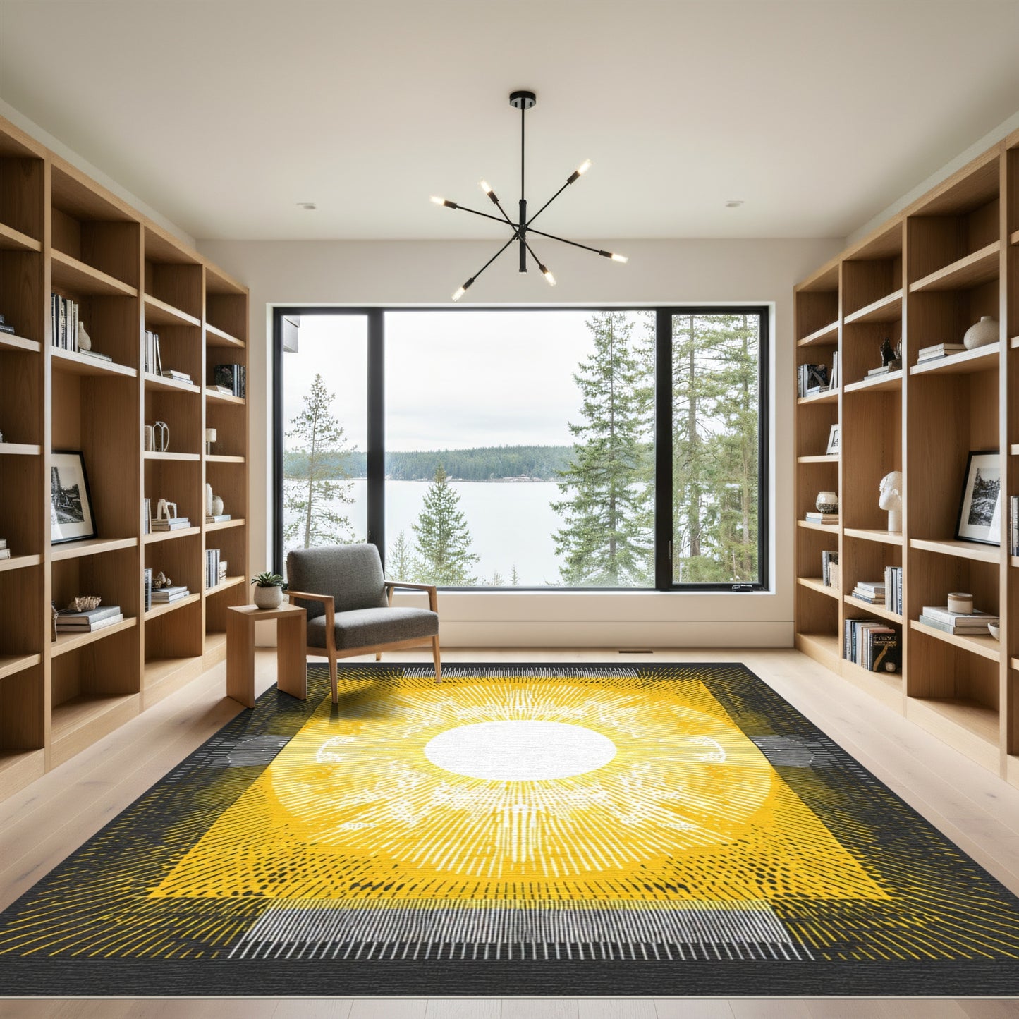 Radiant Yellow Sunburst Geometric Rectangles Rug