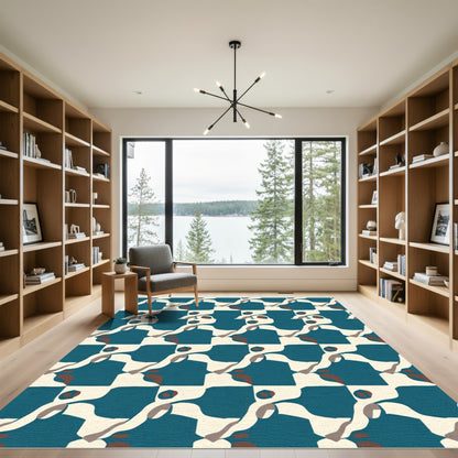 Teal Cream Abstract Organic Swirl Rug