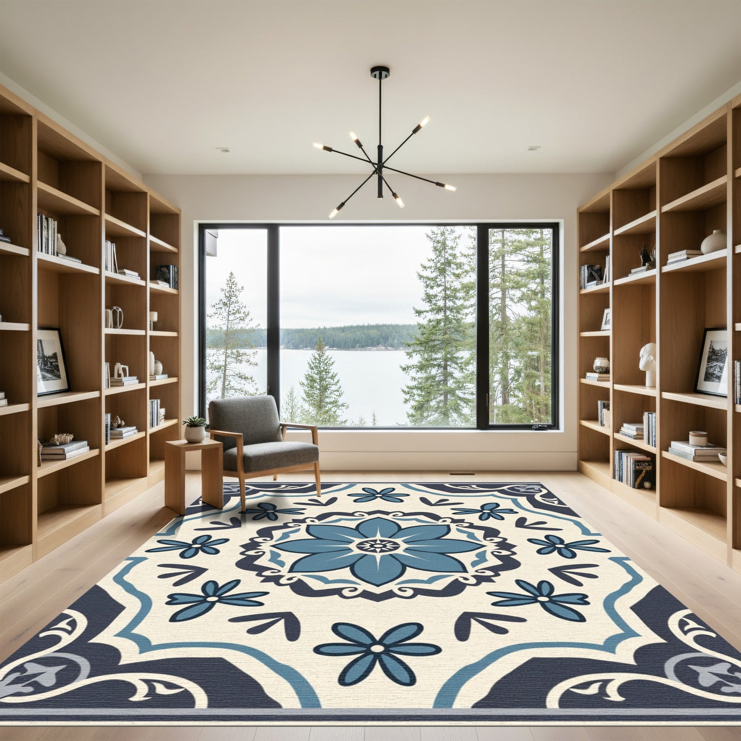 Navy Blue Floral Medallion Tile Rug