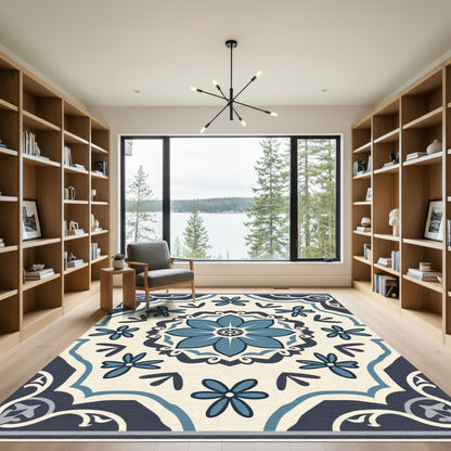 Navy Blue Floral Medallion Tile Rug