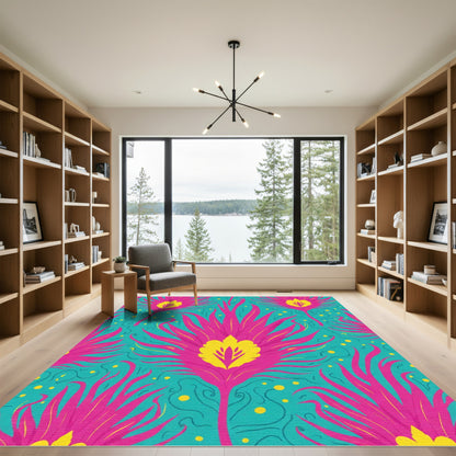 Vibrant Pink Yellow Floral Swirl Rug