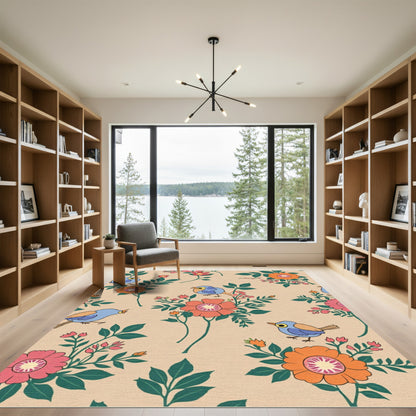 Whimsical Blue Birds Coral Flowers Rug