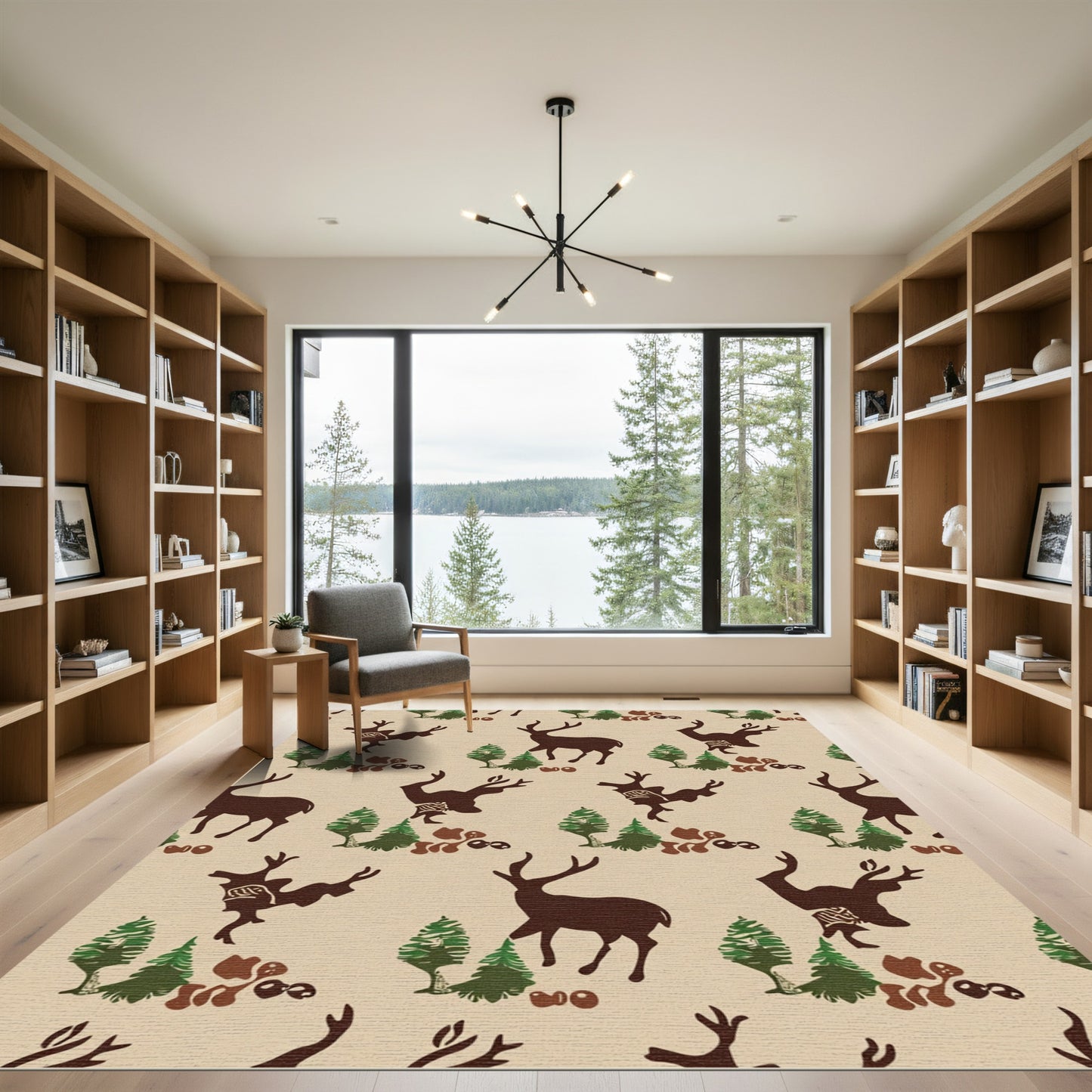 Woodland Deer And Forest Silhouette Pattern Rug