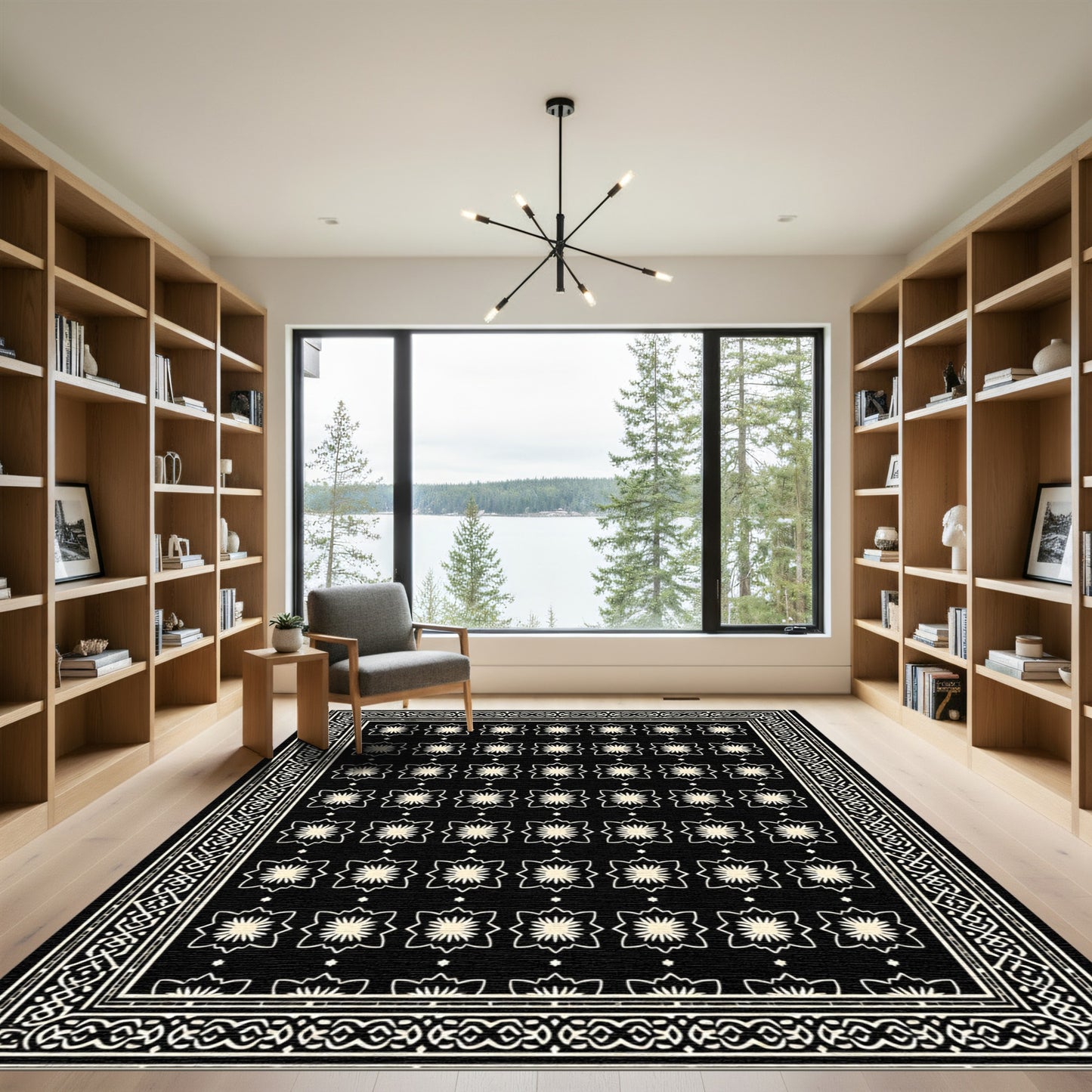 Black Cream Starburst Floral Bordered Rug