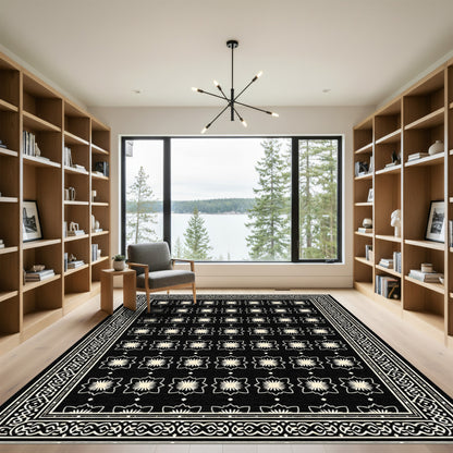 Black Cream Starburst Floral Bordered Rug