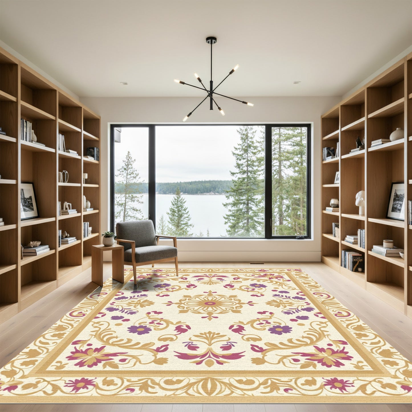 Cream Gold Purple Floral Medallion Rug