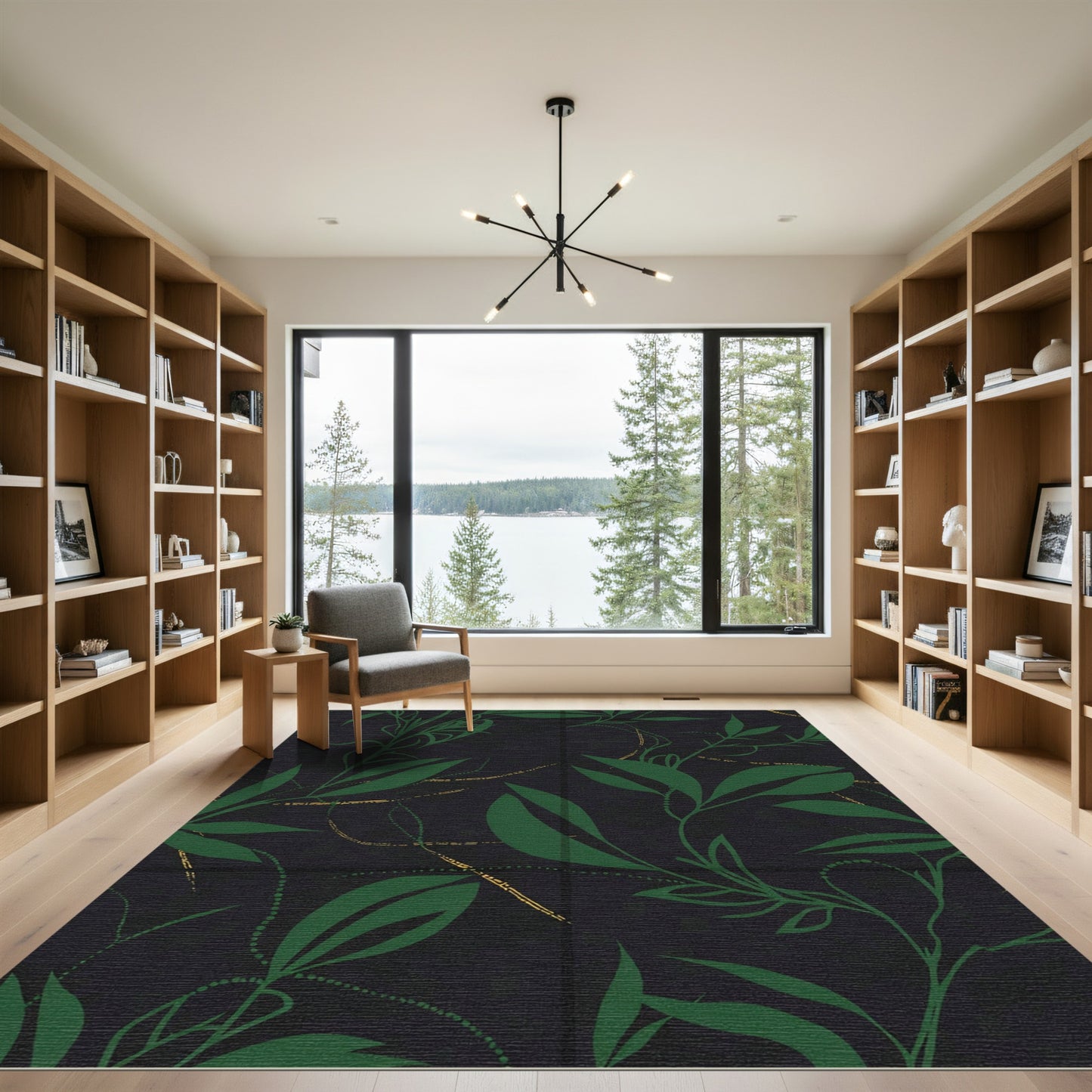 Dark Green Leafy Branches With Gold Streaks Rug