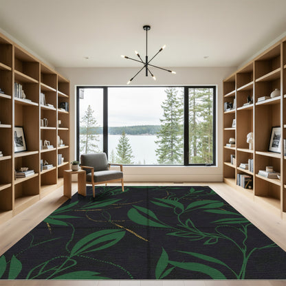 Dark Green Leafy Branches With Gold Streaks Rug