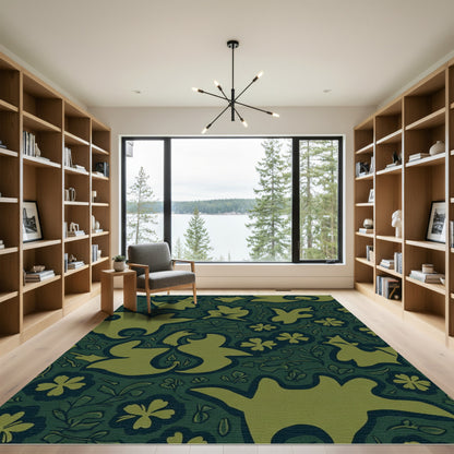 Whimsical Green Bird Floral Garden Rug