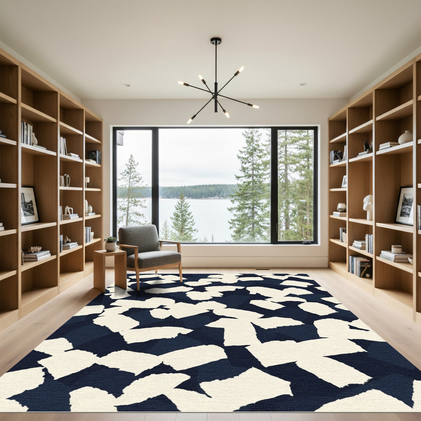 Abstract Cream Brushstrokes Navy Background Rug