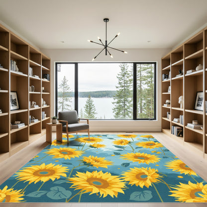 Yellow Sunflower Garden On Blue Sky Rug