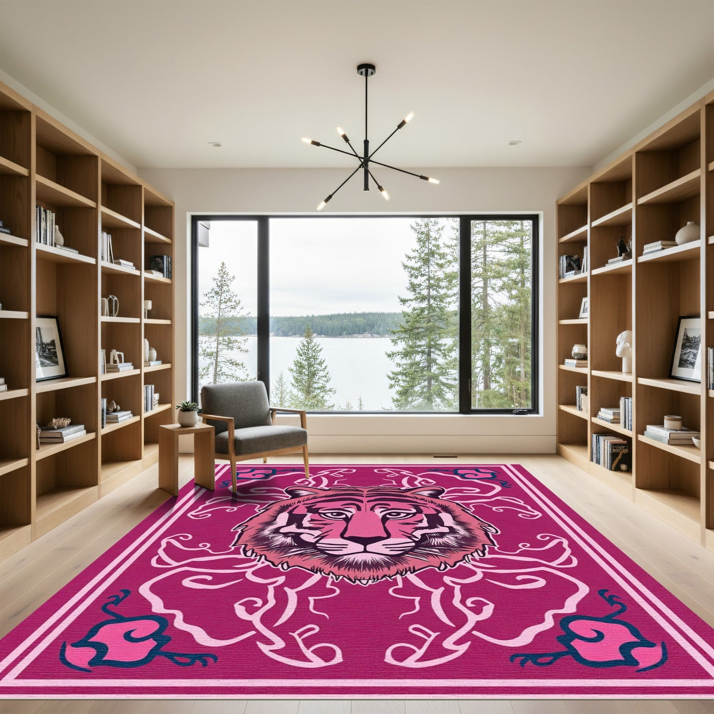 Vibrant Pink Tiger Head Floral Swirls Rug