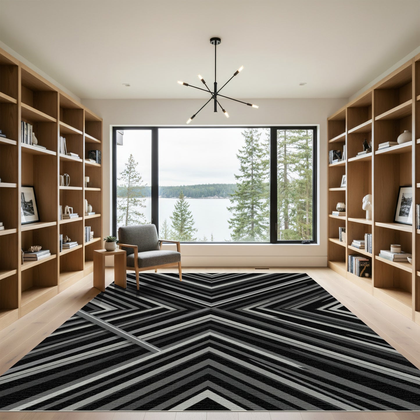 Geometric Charcoal Chevron Layered Rug