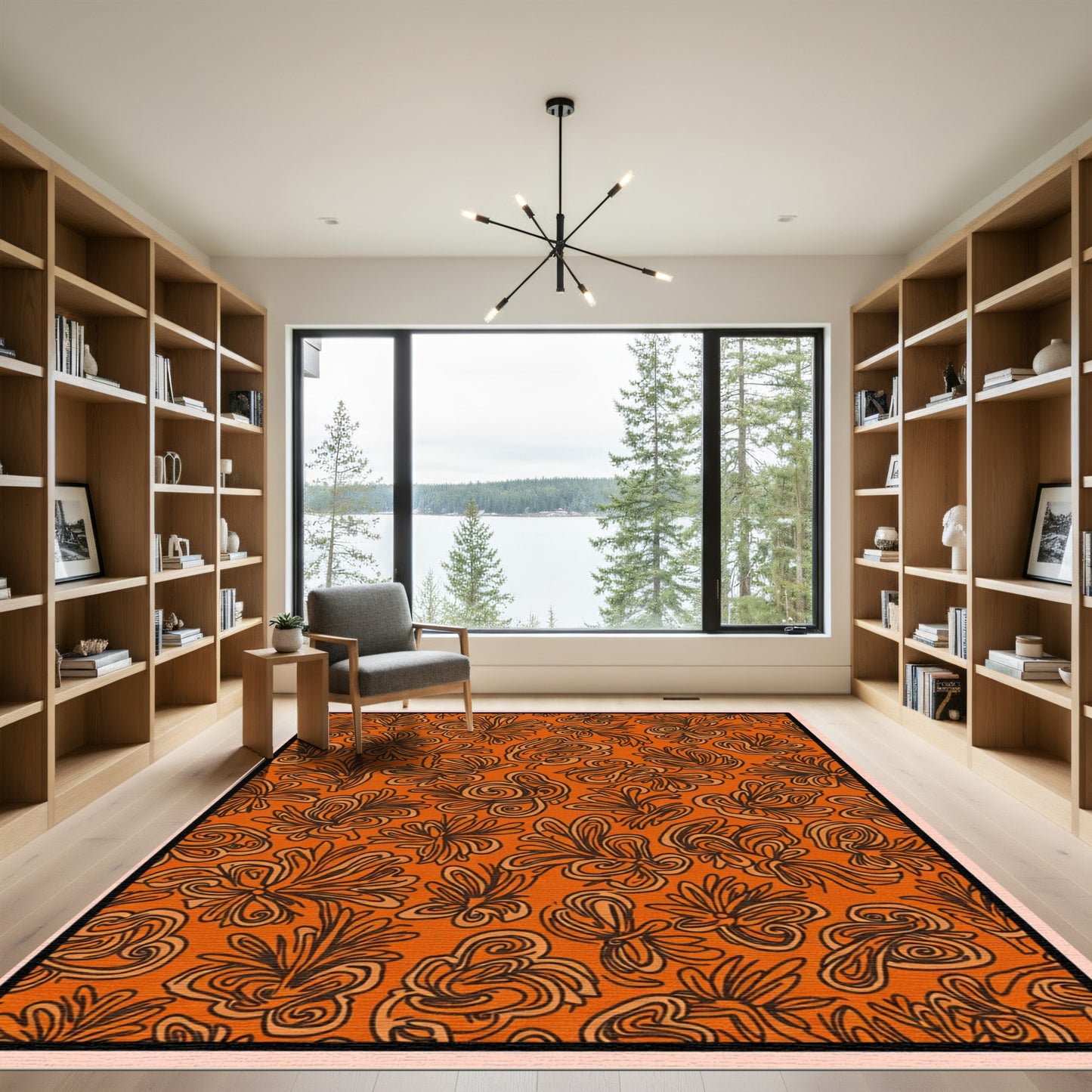 Orange Swirling Botanical Leaf Collage Rug