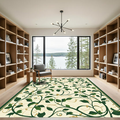Cream Green Vine Scroll Flourish Rug