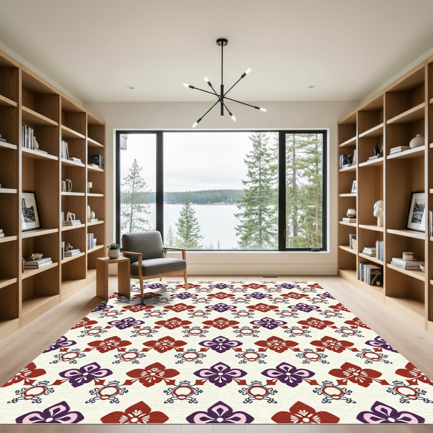 Deep Crimson and Plum Folk Art Floral Rug