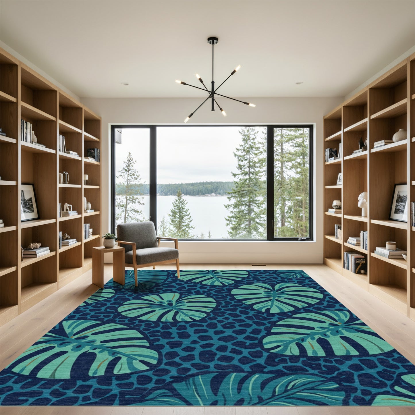 Teal Jungle Leaf Animal Print Rug