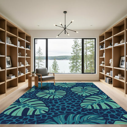 Teal Jungle Leaf Animal Print Rug