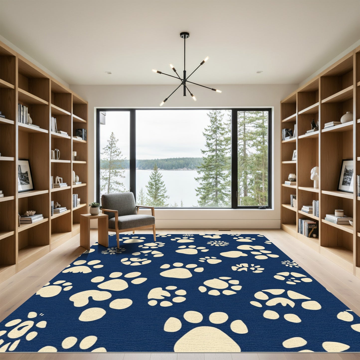 Cream Paw Prints Navy Background Rug