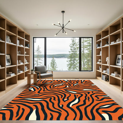 Vibrant Orange Black Zebra Waves Rug