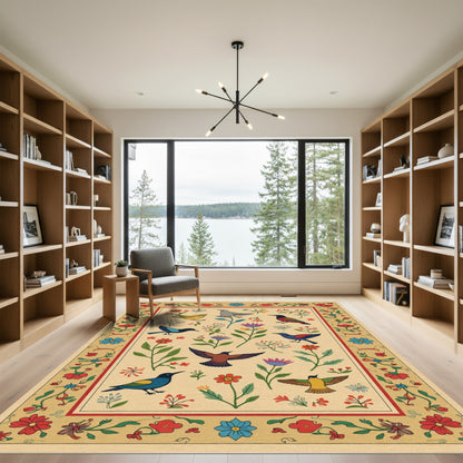 Whimsical Folk Art Birds Floral Border Rug