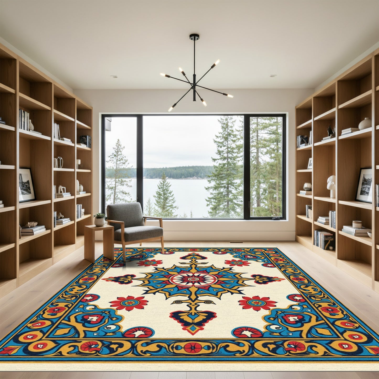 Vibrant Red Blue Golden Floral Medallion Rug
