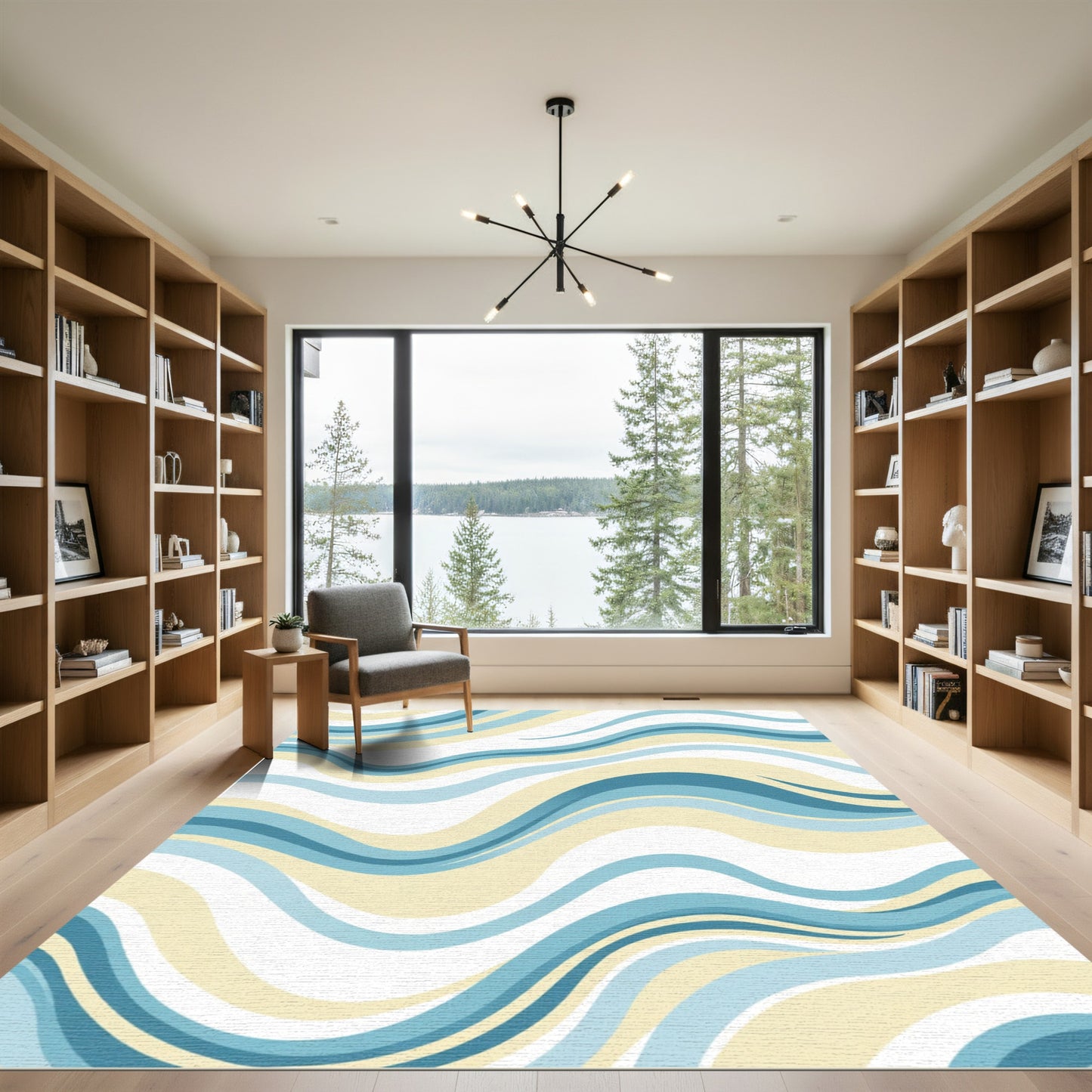 Serene Blue Cream Abstract Wave Rug