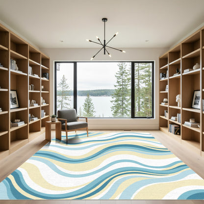 Serene Blue Cream Abstract Wave Rug