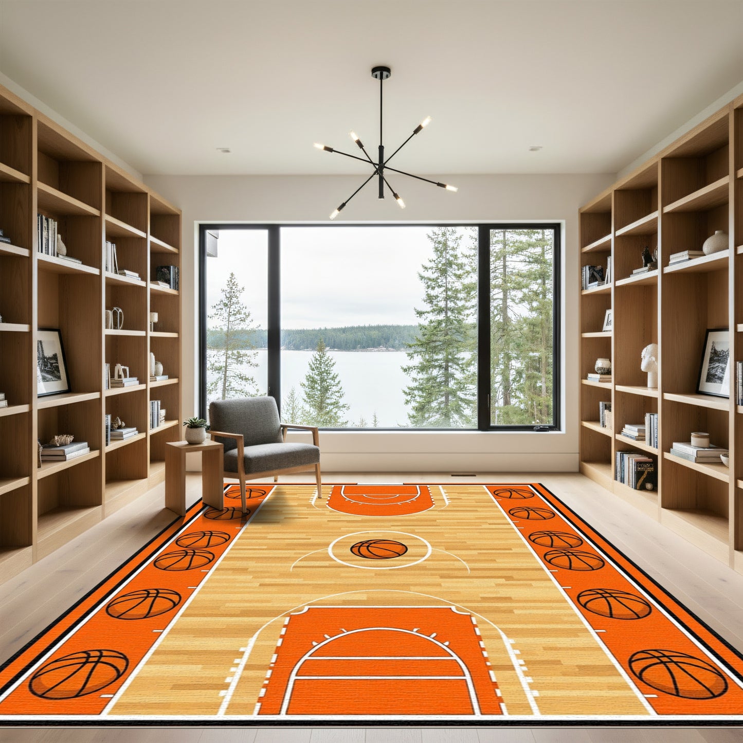 Orange Basketball Court Wood Grain Rug