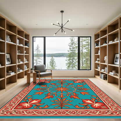 Turquoise Orange Floral Medallion Border Rug