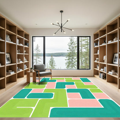 Teal Green Pink Pastel Geometric Blocks Rug