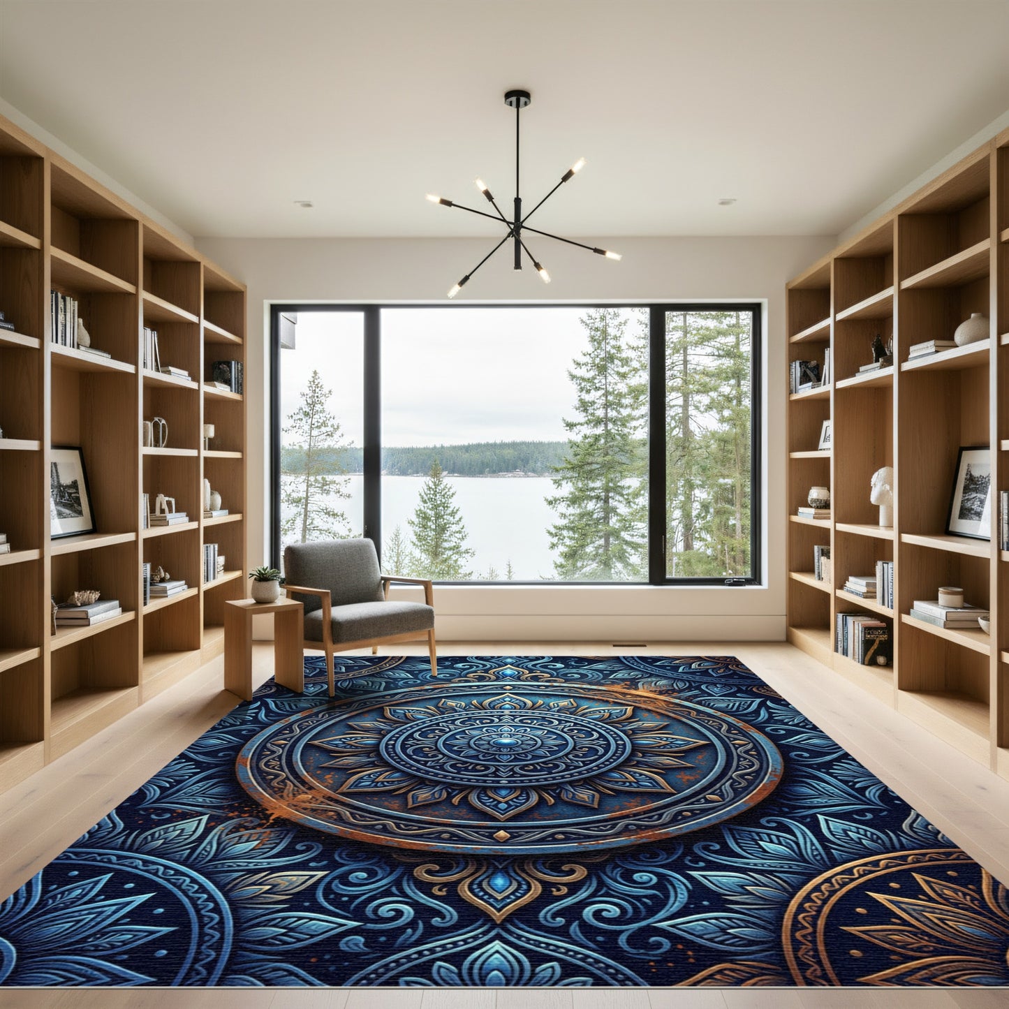 Ornate Blue Gold Mandala Rug