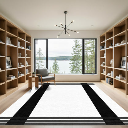 Bold Black White Plaid Border Rug