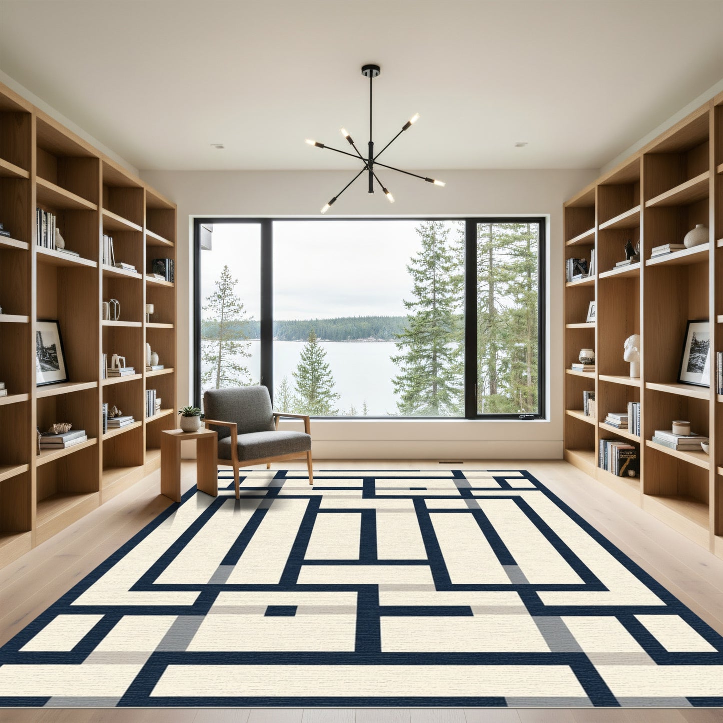 Naval Blue Geometric Labyrinth Rectangles Rug