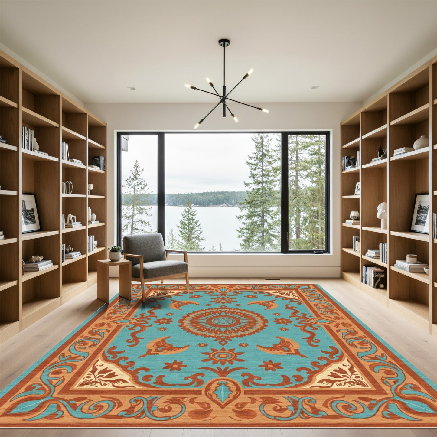 Turquoise Coral Medallion Kaleidoscope Rug