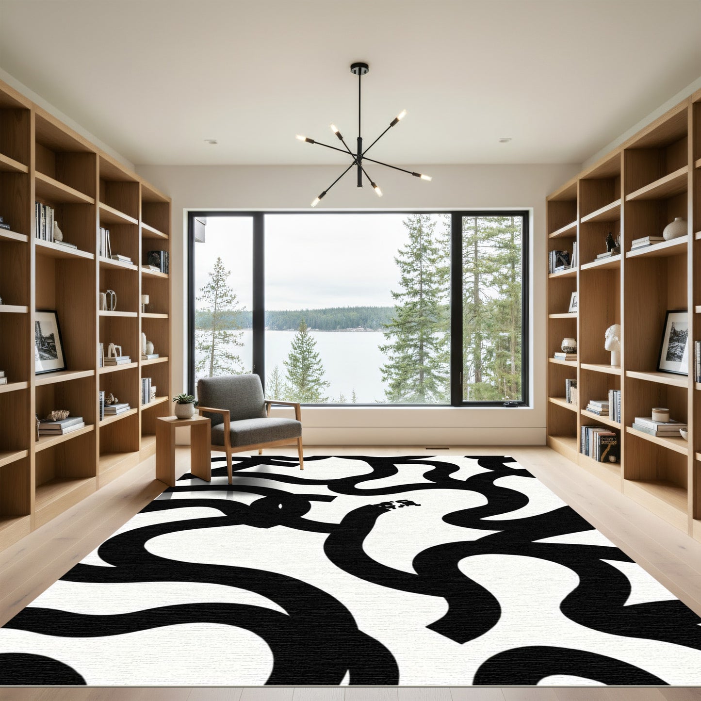 Black White Wavy Lines Abstraction Rug