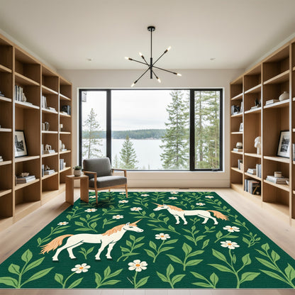 Enchanted Unicorns Amidst Verdant Foliage Rug