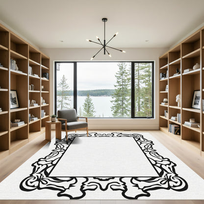 Black Ornate Scrollwork Square Rug