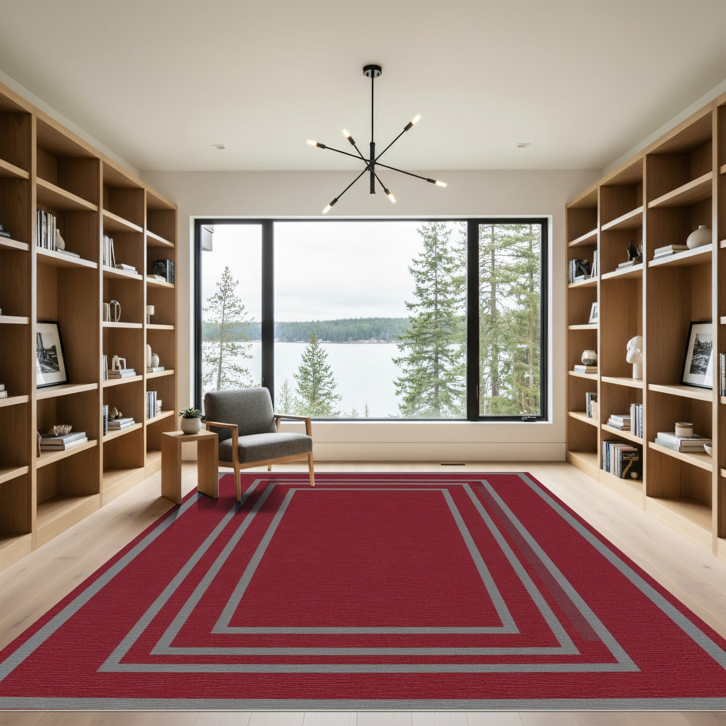 Deep Red Nested Border Rectangles Rug