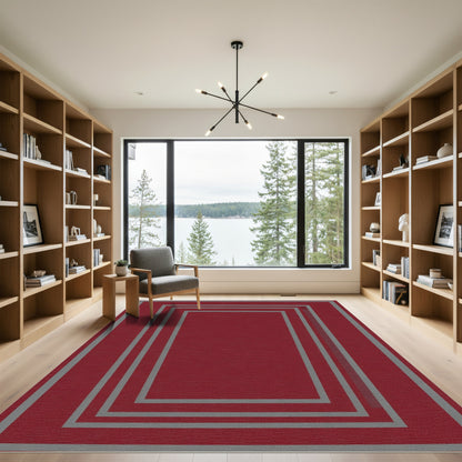 Deep Red Nested Border Rectangles Rug